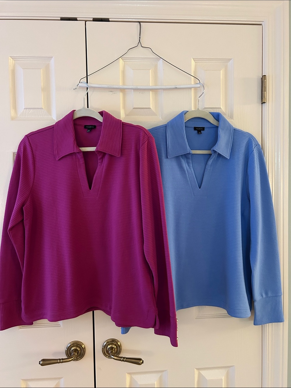 Talbots Women's Ribbed V‑Neck Polo Sweaters - Fuchsia & Light Blue